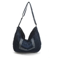 Japanese retro denim crossbody bag in dark blue with distressed edge and large pocket - Dark Blue
