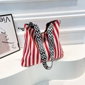 Large red and white striped canvas tote bag with geometric woven shoulder strap - Red