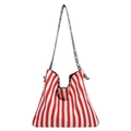 Red and white striped canvas tote bag with a chevron pattern wide shoulder strap - Red