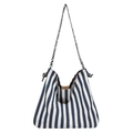 Blue and white striped canvas shoulder bag with geometric patterned strap on white background - Blue