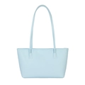 Minimalist light blue faux leather tote bag with slim shoulder straps on white background - Blue