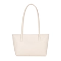 Large beige PU leather tote bag for women with minimalist shoulder strap for commute - White