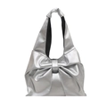 Silver metallic bow tote bag with textured ruffles and knotted shoulder strap design - Silver