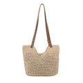 Large hand-woven mesh tote bag with brown faux leather shoulder straps on white background - With Lining