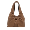 Brown faux leather tote bag featuring a prominent bow design and minimalist shoulder strap - Khaki