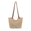 Summer hollow-out woven tote bag with brown leather straps for beach and commuting - Without Lining