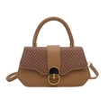 Brown leather crossbody bag with chevron weave flap and golden metal clasp for women - Khaki