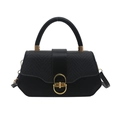 Chic black leather box bag with woven flap detail and gold clasp for women - Black
