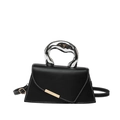 Bolso de mano chic en cuero negro con asa plateada y costuras blancas en contraste - Negro