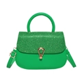 Vibrant green faux leather flap bag with glitter finish and golden horseshoe lock - Green