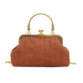 Sac de soirée tressé rouge brique avec poignée en métal doré et bandoulière chaîne - Marron