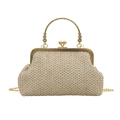 Sac à main tissé beige avec poignée métallique et fermoir boule au style rétro - Beige