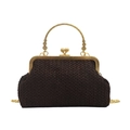 Sac pochette en paille marron foncé avec anse dorée ornée et bandoulière chaîne - Marron