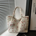 Borsa tote in velluto a coste beige con stampa ciliegie e portamonete, borsa da spalla - Bianco