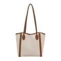 Minimalist cream and brown two-tone large capacity tote bag with leather shoulder straps - White