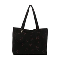 Minimalist black corduroy tote bag with cherry print and matching small round coin purse - Black