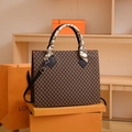 Brown monogram tote bag with silk scarf handle and adjustable shoulder strap - Black