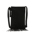 Bohemian style black suede crossbody bag with long decorative fringe on a white background - Black
