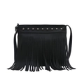 Black tassel crossbody bag with lychee texture leather and silver rivets on white background - Black