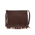 Brown faux leather fringe bucket bag with metal studs and adjustable shoulder strap - Brown