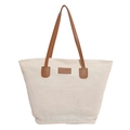 Schicke cremefarbene Stroh-Tote-Bag mit braunen Ledergriffen und Fashion-Prägung - Braun