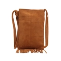 Brown faux suede crossbody bag with bohemian fringe detail and vertical stitch pattern - Brown