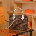 Vintage checkered tote bag with patterned silk scarf and slim shoulder strap - Khaki