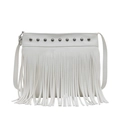 White pebbled leather crossbody bag with stylish fringe tassels and metal rivet details - White