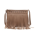 Brown faux leather fringe crossbody bag with metallic rivets and bohemian style - Khaki