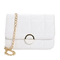 White quilted crossbody bag with gold chain strap and metal buckle in a minimalist design - White