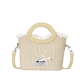 Beigefarbene Stroh-Beuteltasche mit weißer Spitze, blauem Etikett und weißer Schleife - Gelb