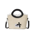 Sommer Strohtasche mit Spitzenbesatz, schwarzer Schleife und schmalem Schultergurt - Schwarz