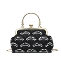 Vintage evening handbag with silver sequins, gold floral handle and snap closure - Black