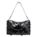 Elegante borsa sottobraccio di paillettes nere con catena argento per feste ed eventi - Nero