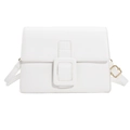 White minimalist crossbody bag featuring a large decorative square buckle and golden hardware - White