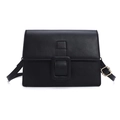 Fashionable black faux leather crossbody bag featuring a large decorative belt buckle - Black