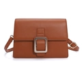 Brown leather crossbody bag with oversized silver square buckle and adjustable strap - Brown