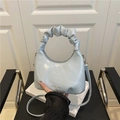 Light blue pleated handle handbag in patent faux leather with silver metal hardware - Blue
