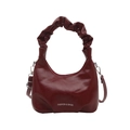 Deep red pleated crescent shoulder bag with glossy PU leather and scrunchie handle - Red