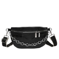 Black glossy leather chest bag with silver chain and adjustable woven strap - Black