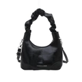 Chic black shiny PU leather moon bag with scrunchie handle and silver chain strap - Black