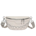 Off-white stylish PU leather chest bag with silver chain decor and wide strap - White