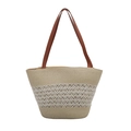 Borsa a secchiello in paglia intrecciata con spalline in pelle marrone e ricami - Beige 2 (Rombo Cavo)