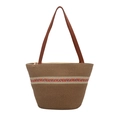 Borsa tote in paglia intrecciata a mano con strisce colorate e manici in pelle marrone - Cachi 1 (Fascia a Onde Colorata)