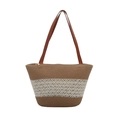 Borsa tote estiva in paglia con cinturini in pelle marrone e dettagli in rete bianca - Cachi 2 (Griglia Cava Bianca)