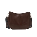 Retro minimalist dark brown leather hobo bag with ethnic style embroidered wide strap - Brown