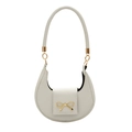 Off-white crescent shoulder bag with golden bow buckle and cross-grain leather texture - White