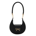 Black crescent shoulder bag with cross-grain leather texture and golden bow buckle - Black