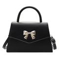 Black faux leather crossbody bag with silver bow accent and top handle for women - Black