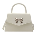 Elegant white trapezoid handbag with silver metal bow and adjustable shoulder strap - White